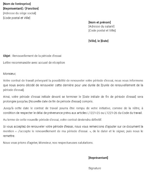 Modèle de renouvellement de période d'essai