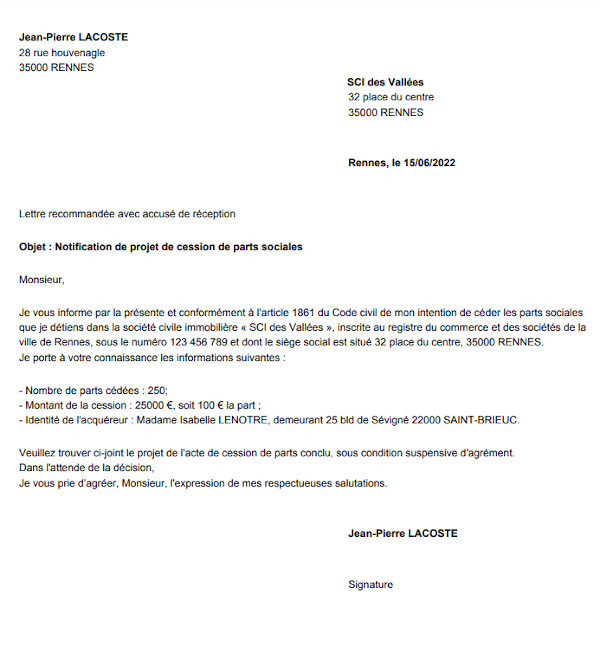 Exemple de notification d'un projet de cession de parts de SCI à télécharger