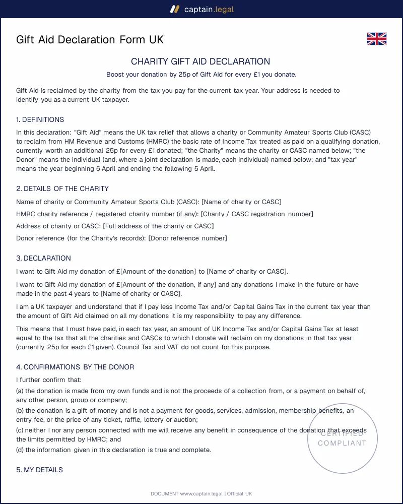 Gift Aid Declaration Form UK | Income Tax Act 2007