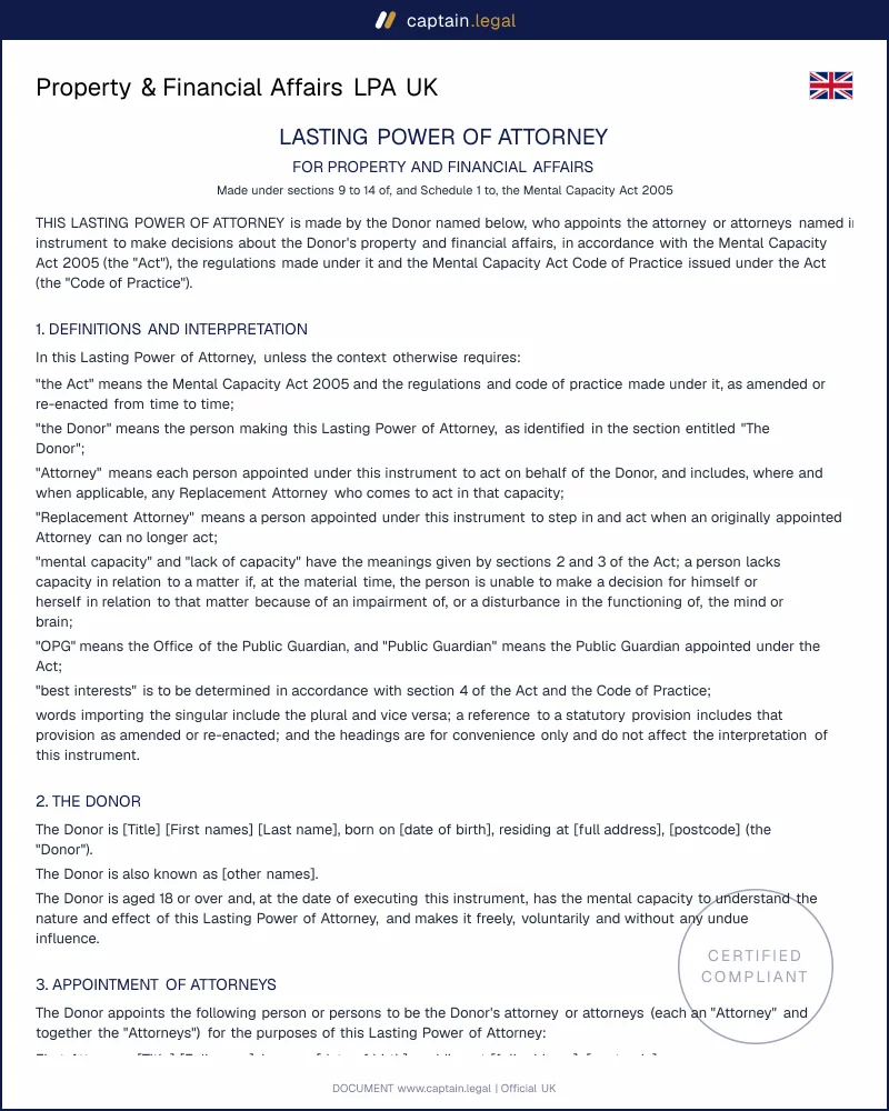 Property & Financial Affairs LPA | Mental Capacity Act 2005