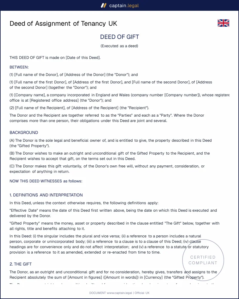 Deed of Assignment of Tenancy | s.15 Housing Act 1988
