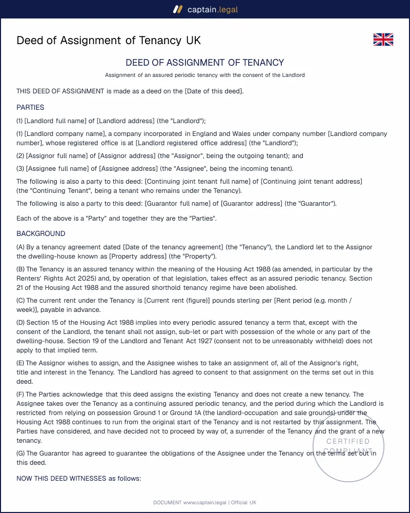 Deed of Assignment of Tenancy | Section 15 HA 1988
