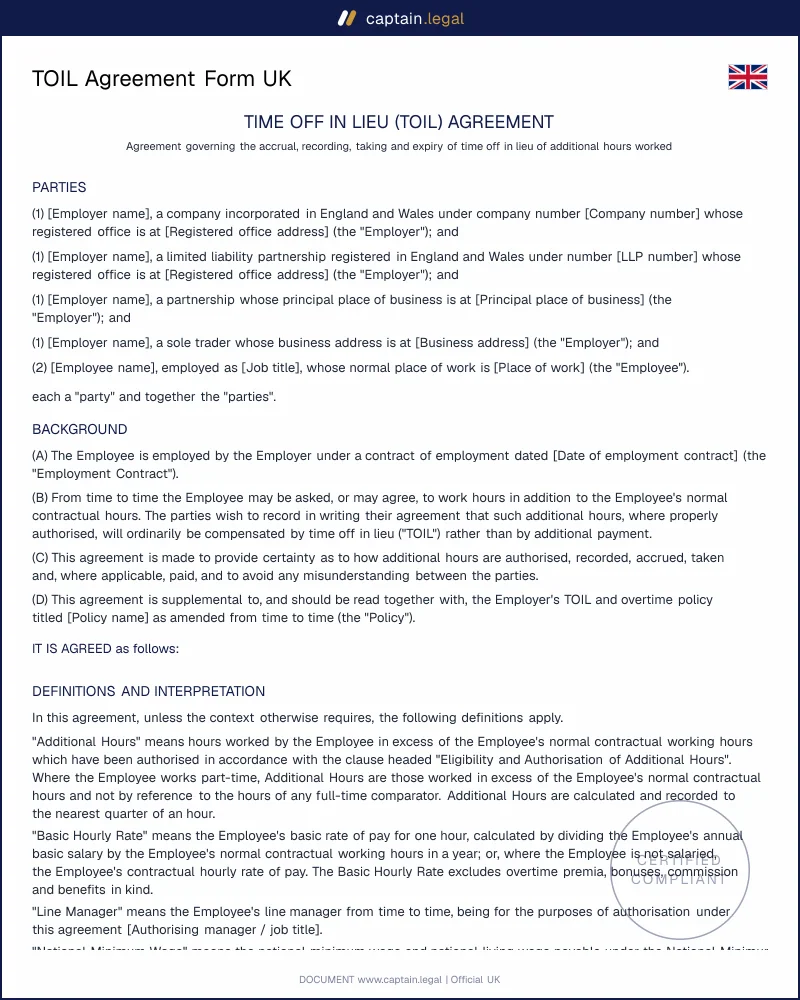 TOIL Agreement Form UK | WTR 1998 reg 4 Compliant