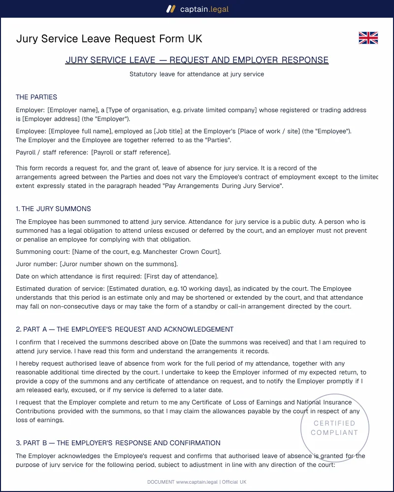 Jury Service Leave Form UK | Juries Act 1974