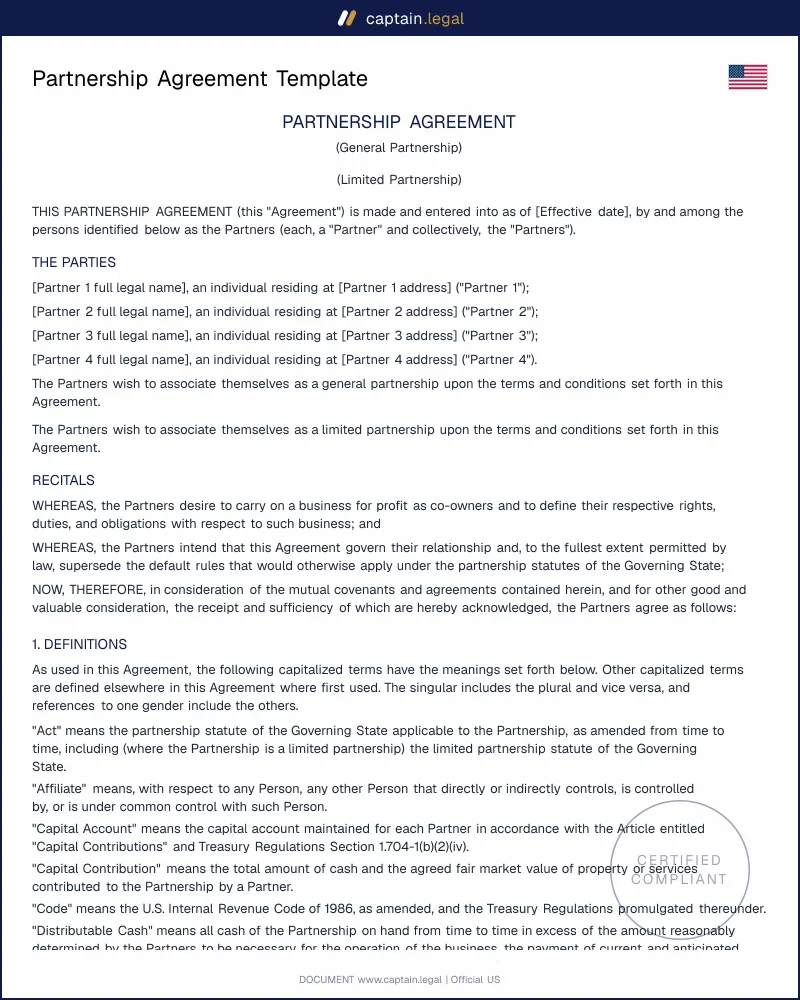 Partnership Agreement Template | RUPA-Compliant, All 50 States