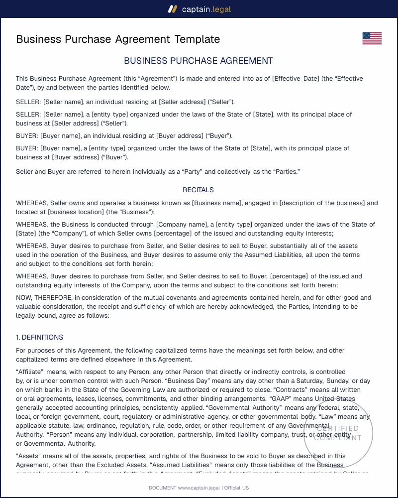 Business Purchase Agreement (Asset & Stock) | All 50 States