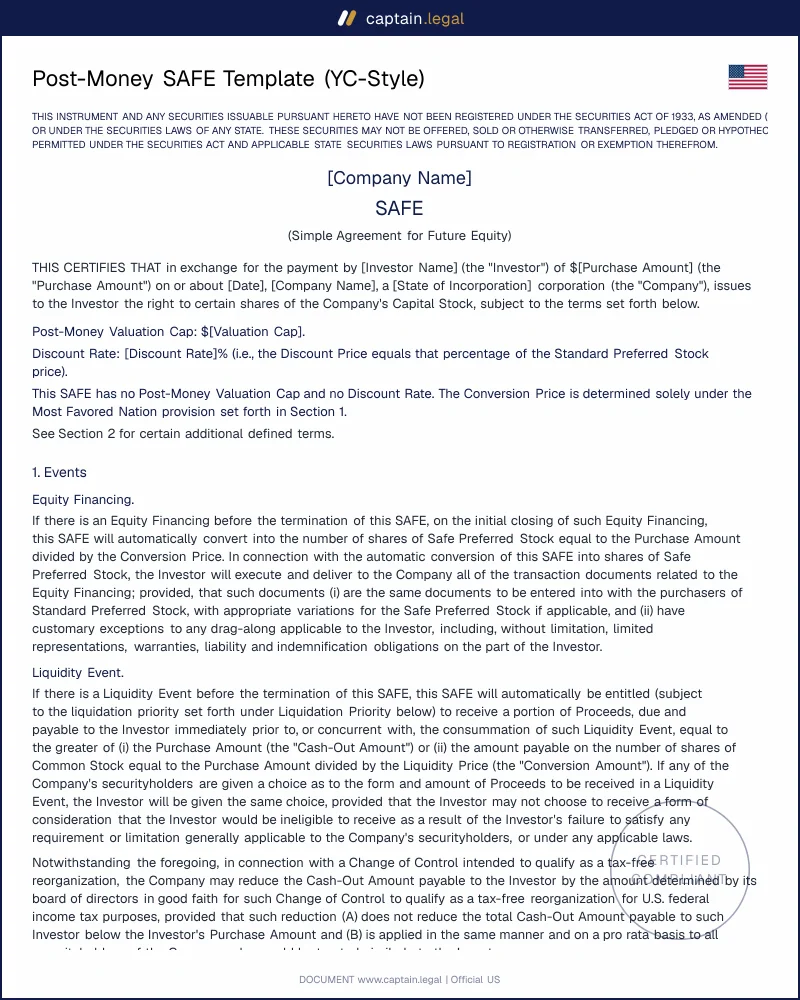 Post-Money SAFE | Rule 506 & Securities Act Compliant
