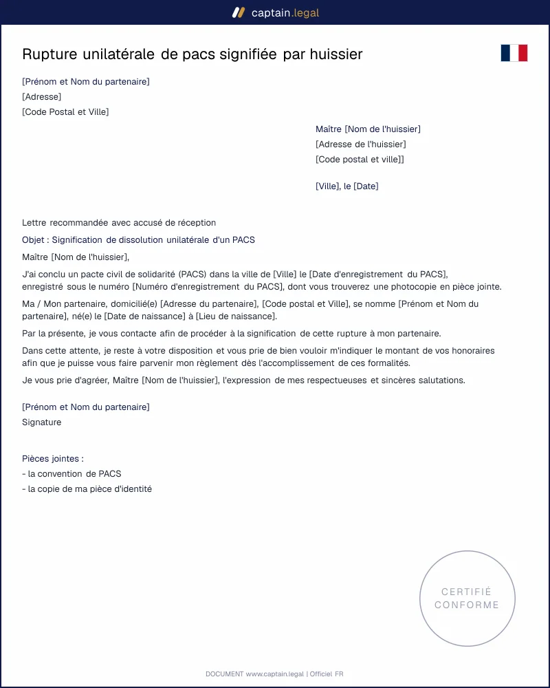 Rupture unilatérale de pacs signifiée par huissier - PDF et Word