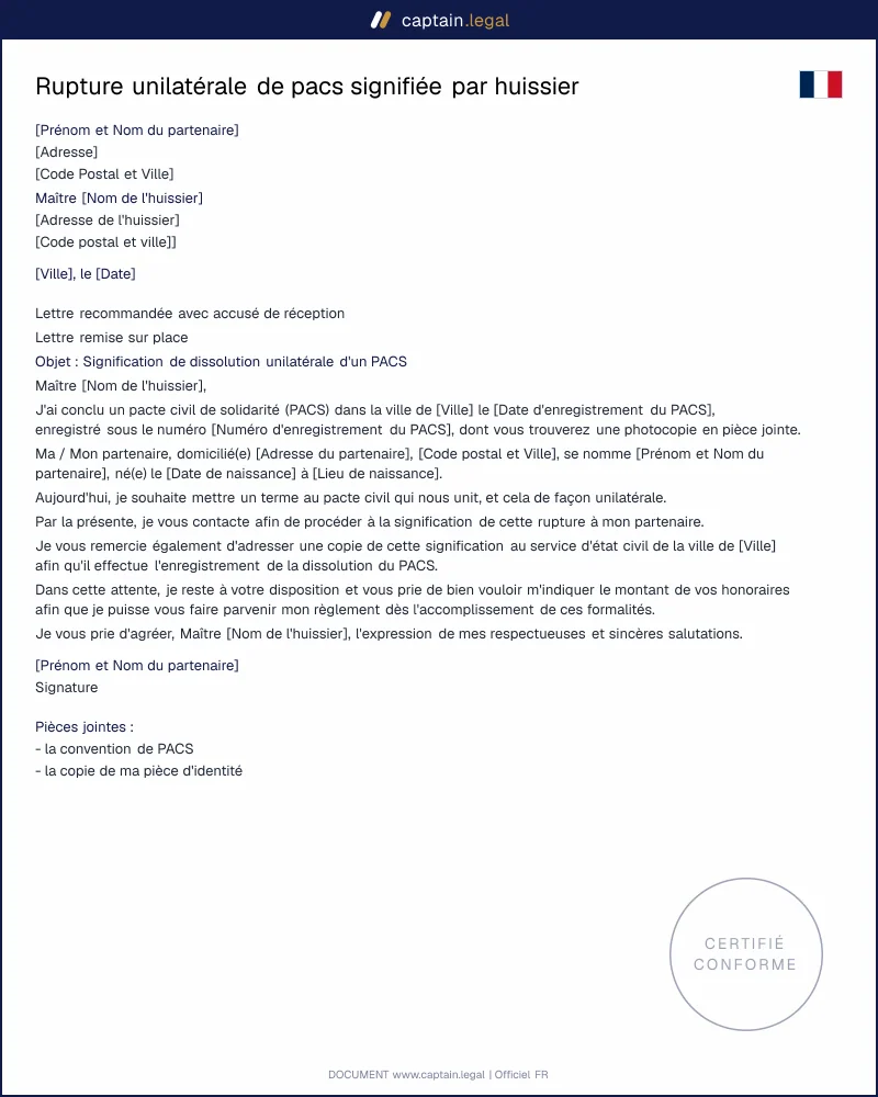 Rupture unilatérale de pacs signifiée par huissier - PDF et Word