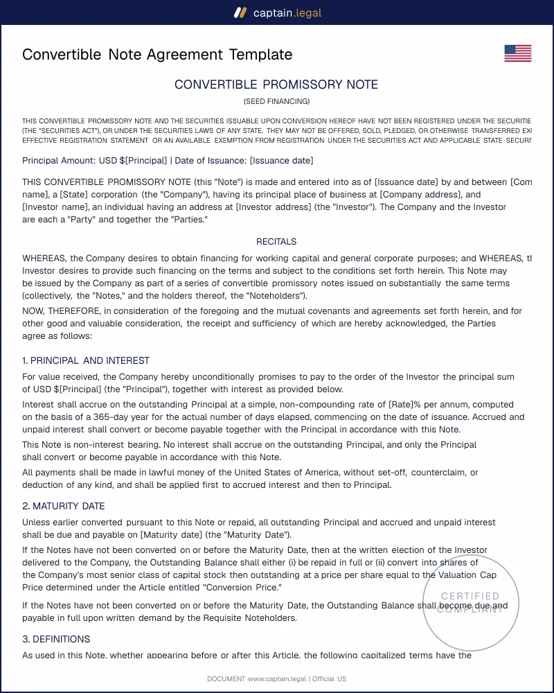 Convertible Note Agreement | Reg D Compliant Template