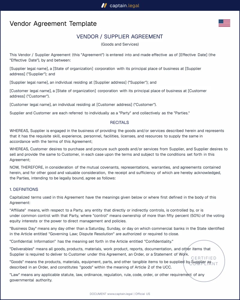 Vendor Agreement Template | UCC Article 2 Compliant