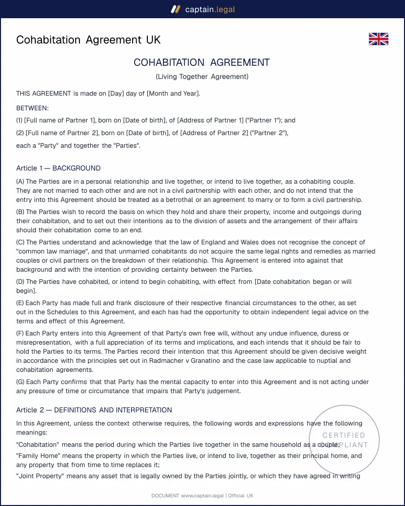 Cohabitation Agreement UK | TOLATA 1996 Deed Template