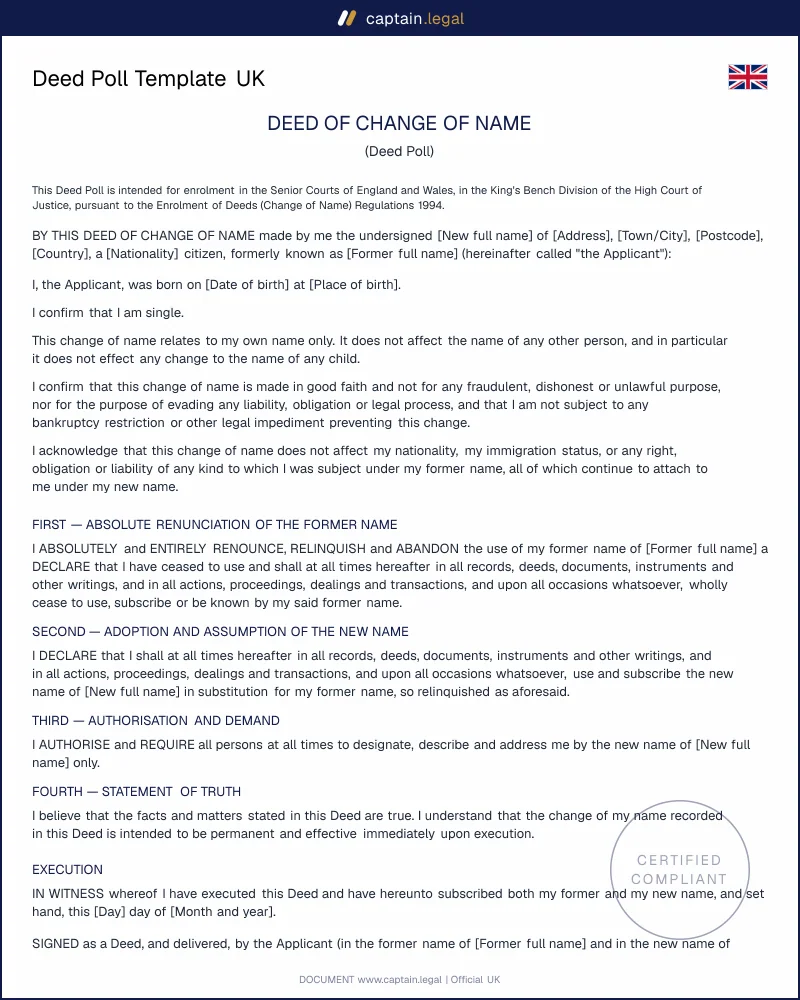 Deed Poll UK | Enrolment of Deeds Regulations 1994