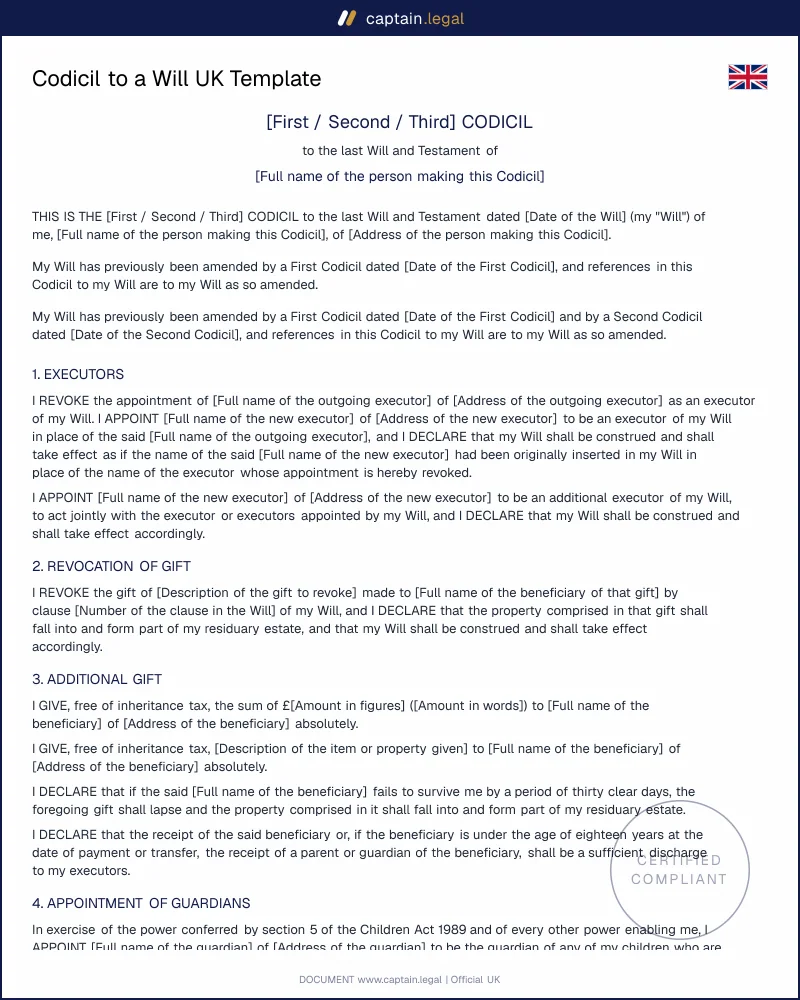 UK Codicil Template | Wills Act 1837 Compliant