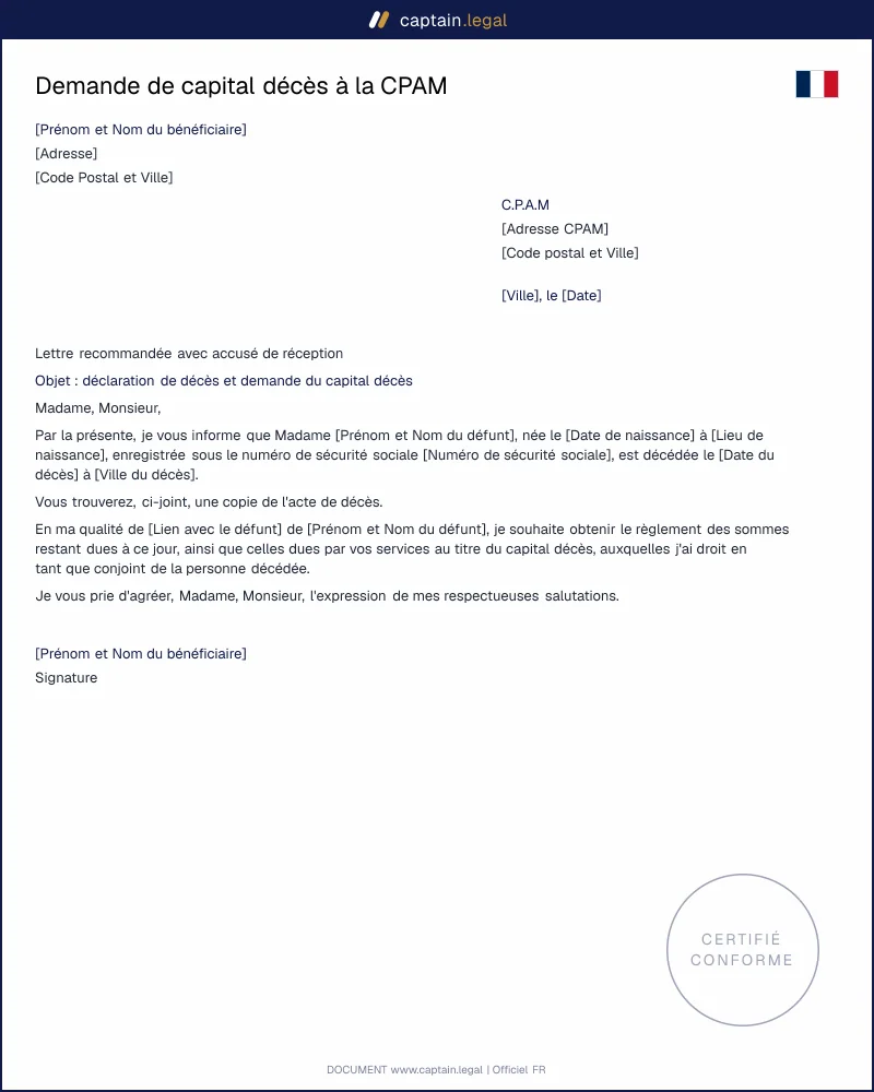 Modèle de demande du capital décès à la CPAM