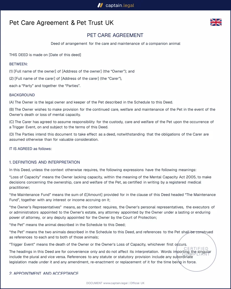 UK Pet Care Agreement & Pet Trust | Valid Template
