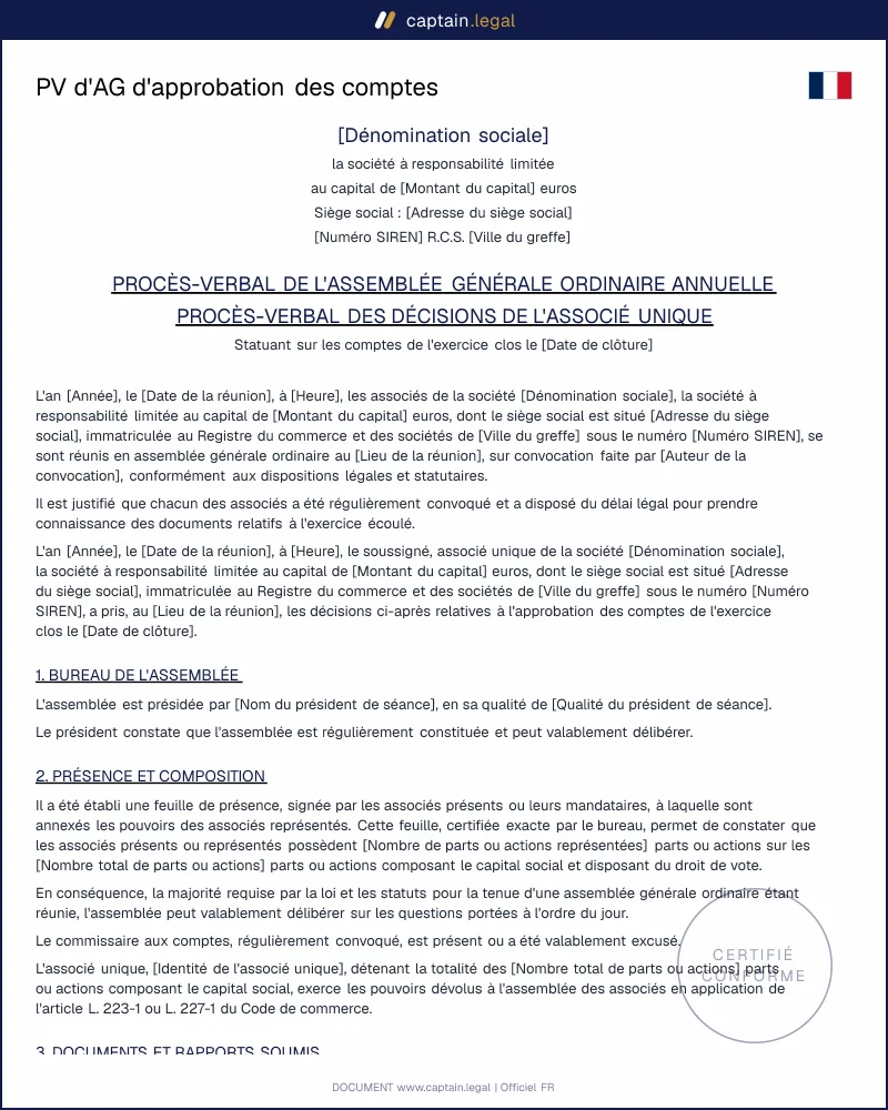 PV d'approbation des comptes : modèle conforme L. 223-26
