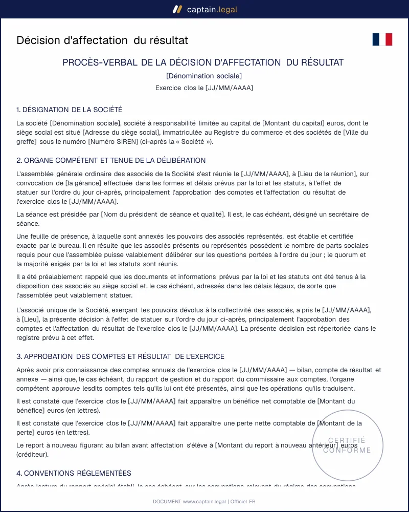 Affectation du résultat : modèle conforme L232-10