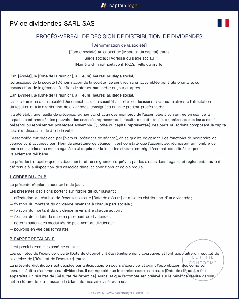 PV de dividendes SARL SAS (art. L. 232-12 C. com.)