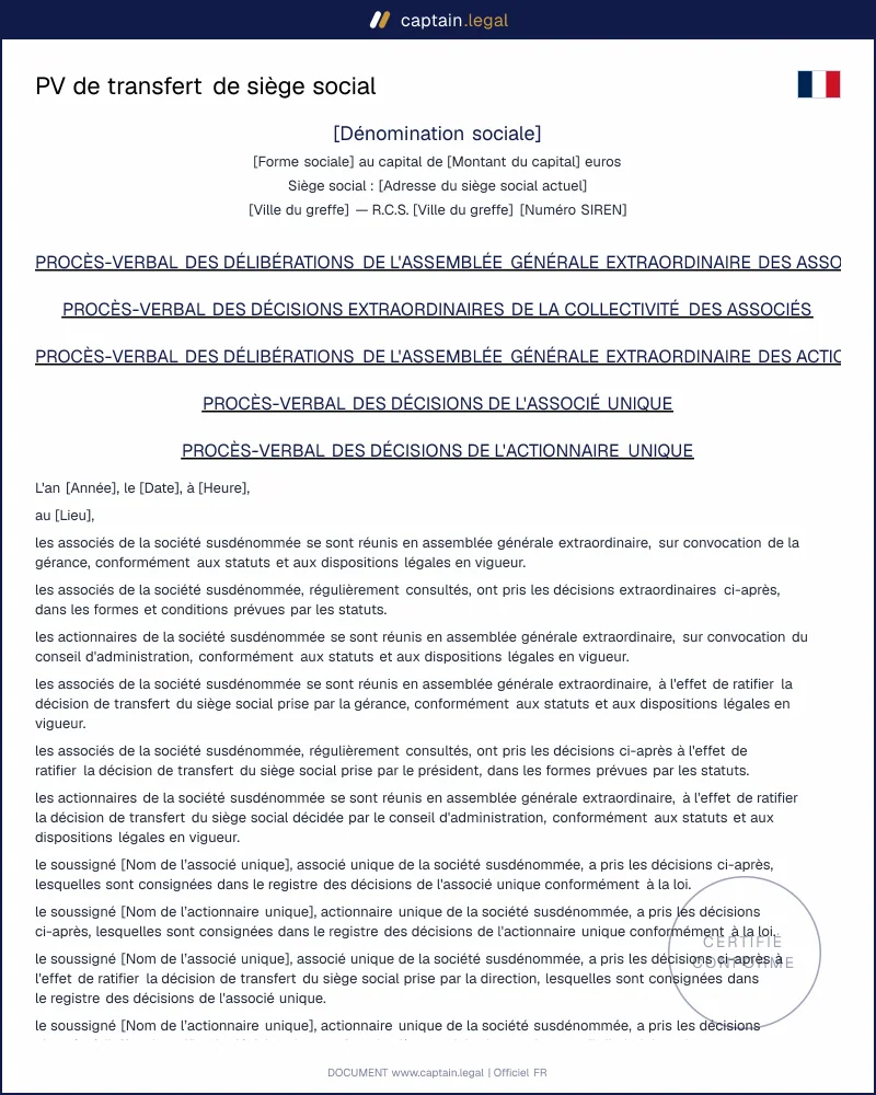 Procès-verbal de transfert de siège social (SARL, SAS)