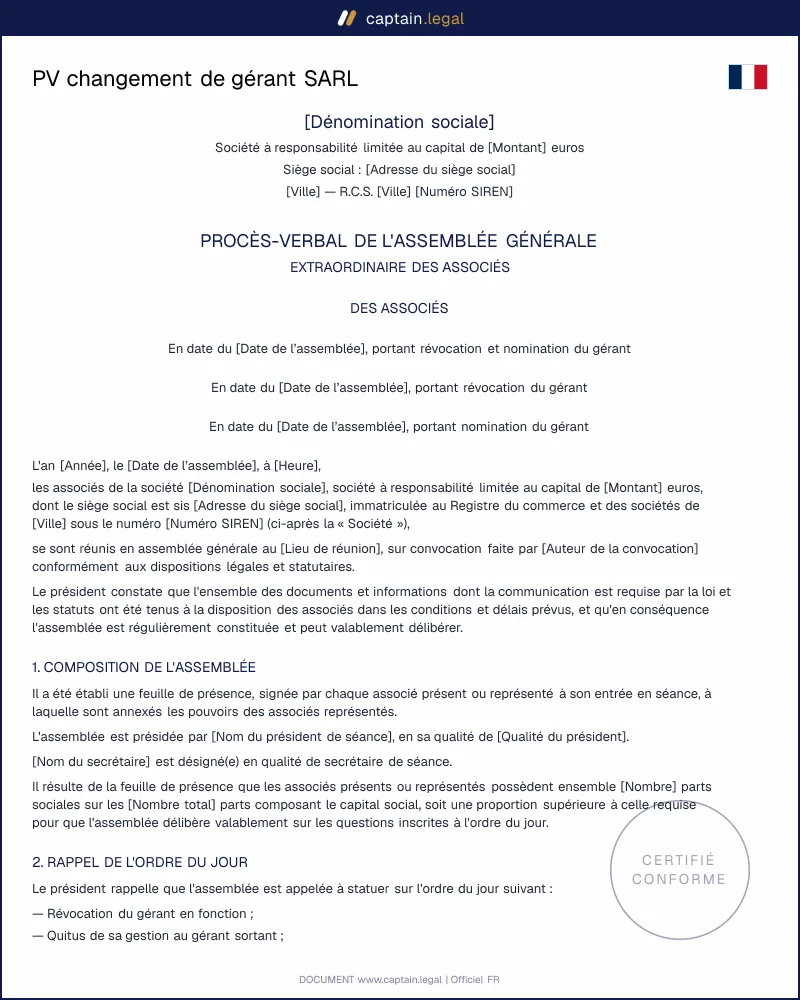 PV changement de gérant SARL (art. L. 223-18 C. com.)