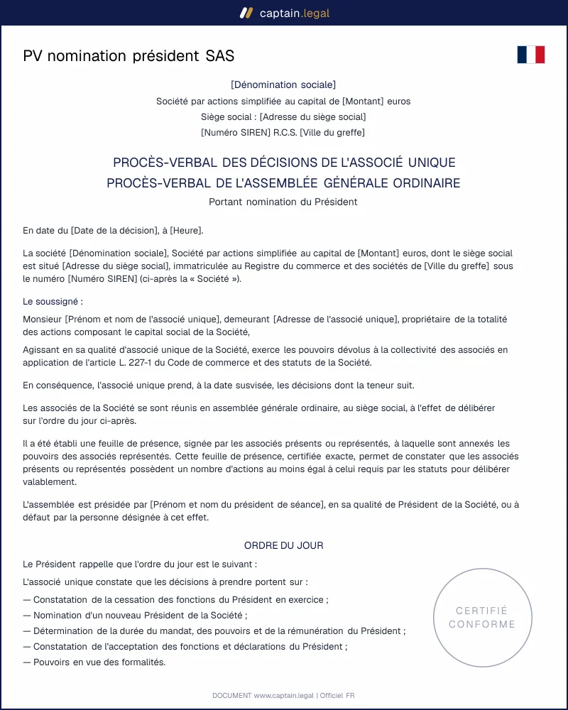 PV nomination président SAS (art. L. 227-5 C. com.)