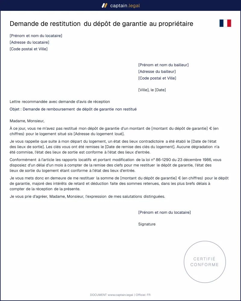 Demande de restitution du dépôt de garantie au propriétaire