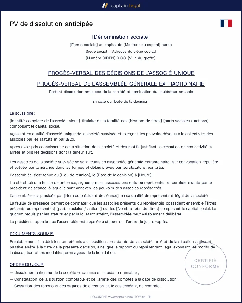 Modèle PV de dissolution anticipée de société
