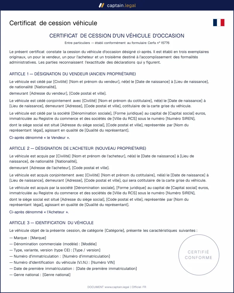 Certificat de cession véhicule : Cerfa 15776 conforme