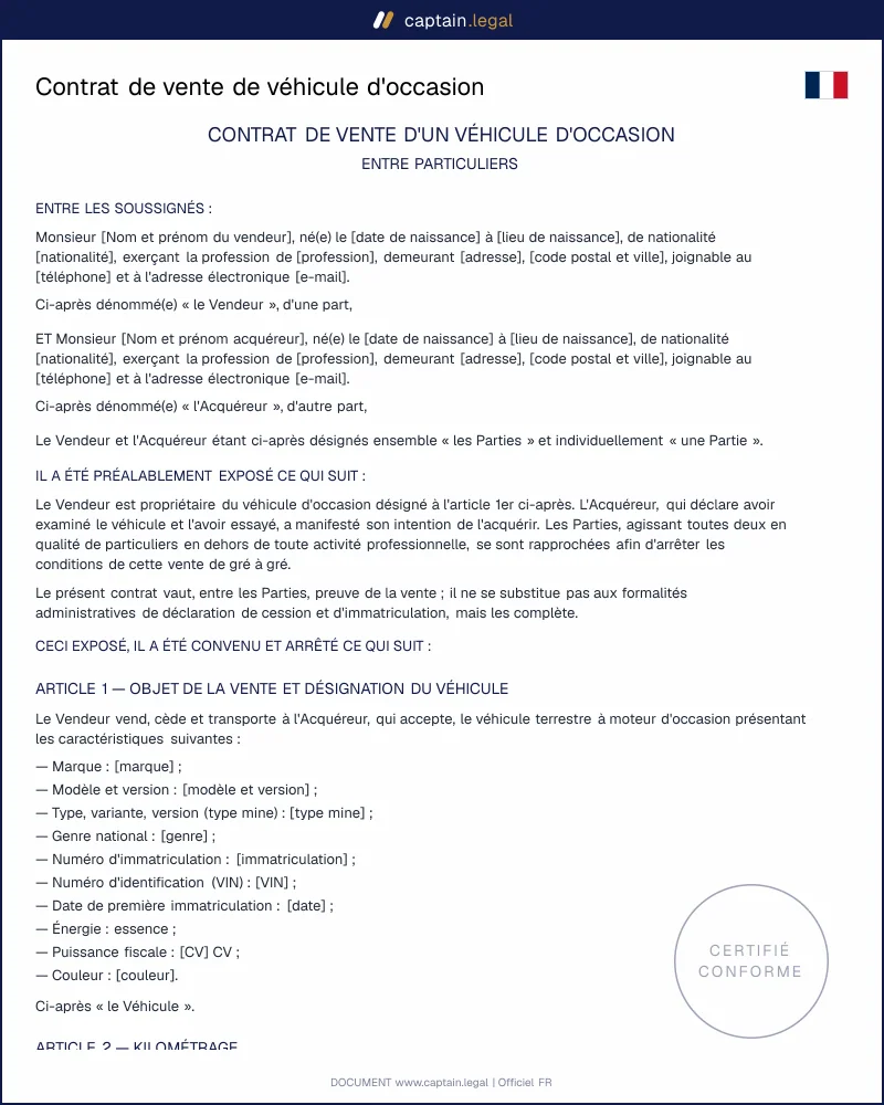 Contrat de vente de véhicule d'occasion (art. 1582 C. civ.)