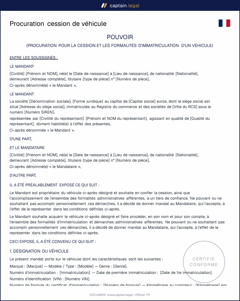 Procuration cession de véhicule (Code civil art. 1984)