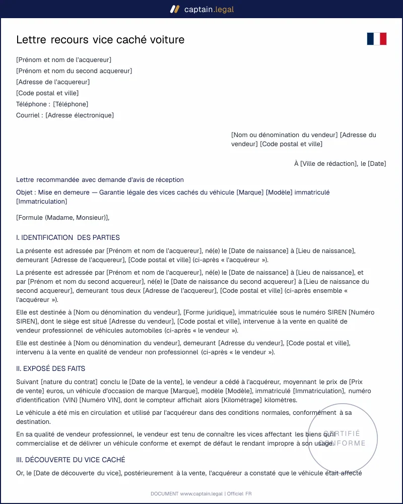 Lettre recours vice caché auto | Art. 1641 Code civil