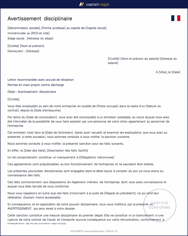 Avertissement disciplinaire (art. L1331-1 Code du travail)