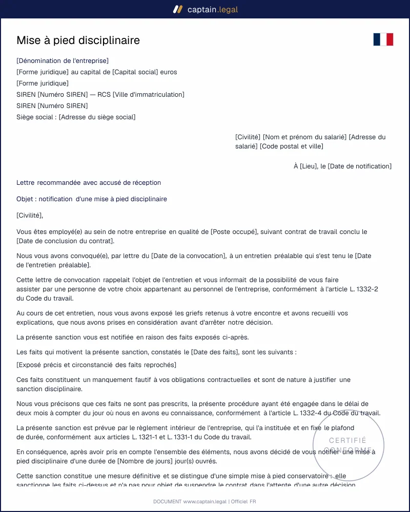 Mise à pied disciplinaire : modèle art. L1331-1