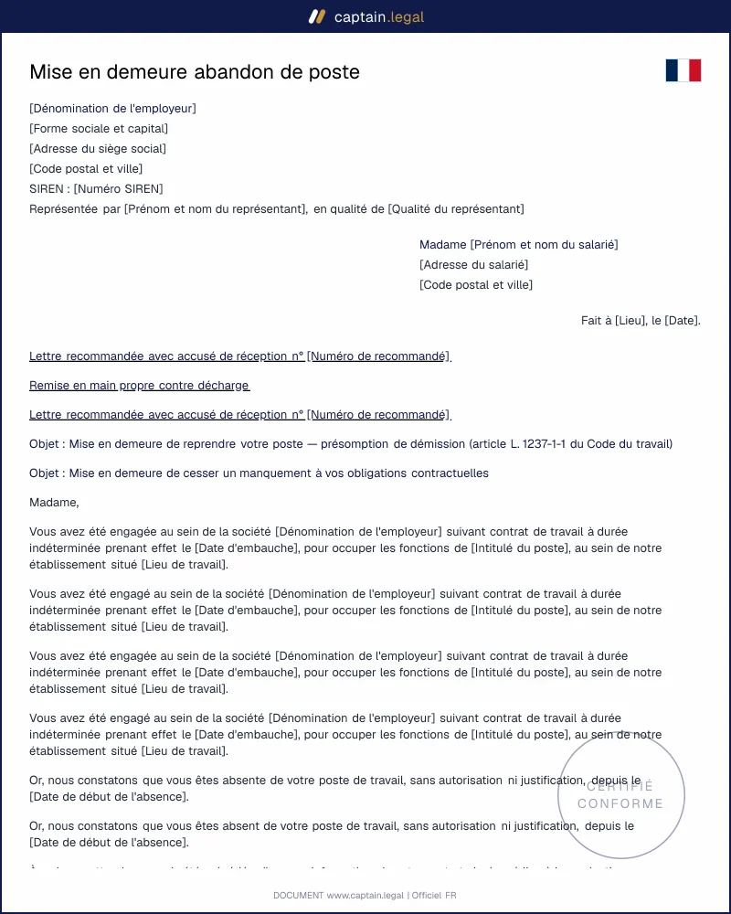 Mise en demeure abandon de poste (art. L. 1237-1-1)