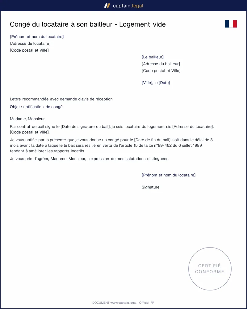 Congé du locataire au propriétaire - Logement vide