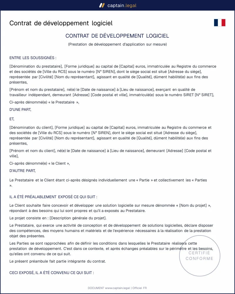 Contrat de développement logiciel sur mesure