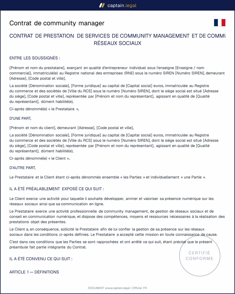 Contrat de community manager freelance (art. L.131-3 CPI)