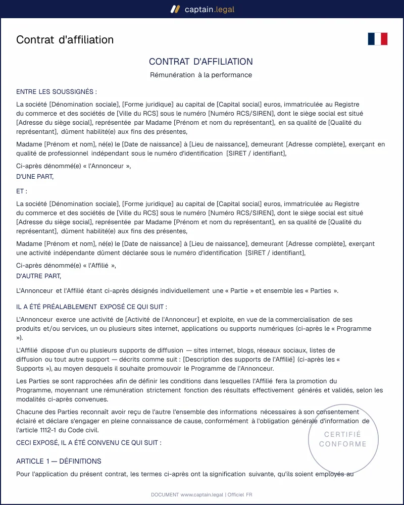 Contrat d'affiliation : rémunération à la performance