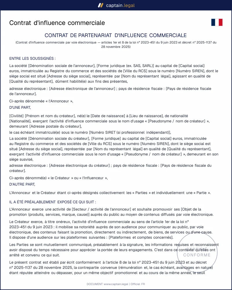 Contrat d'influence commerciale (loi n° 2023-451) à remplir