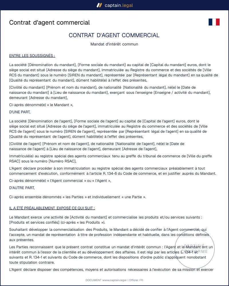 Contrat d'agent commercial (art. L134-1 s.)