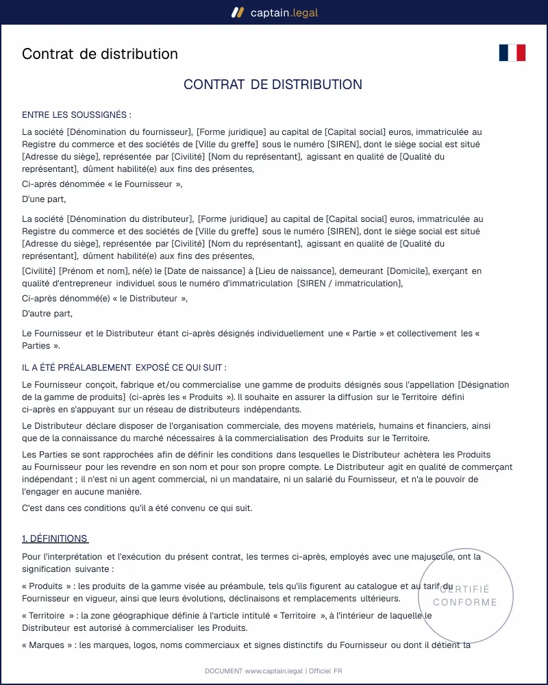 Modèle de contrat de distribution fournisseur