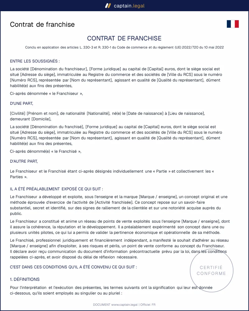 Contrat de franchise (loi Doubin, art. L330-3) à jour
