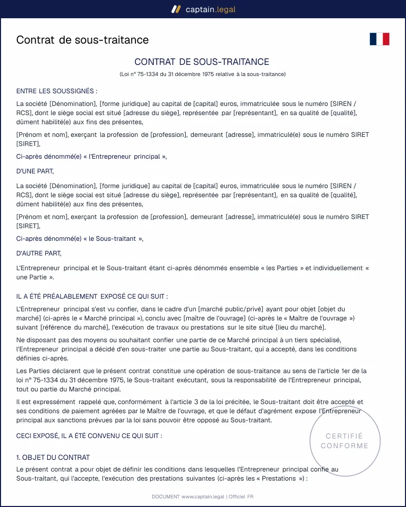 Contrat de sous-traitance : loi 75-1334 du 31/12/1975