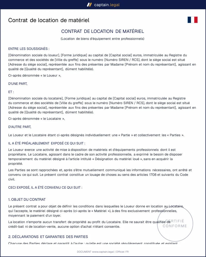 Contrat de location de matériel (art. 1709 Code civil)