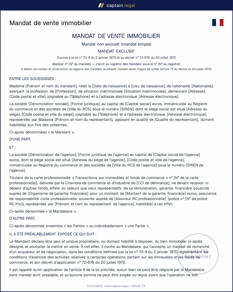 Mandat de vente immobilier conforme loi Hoguet