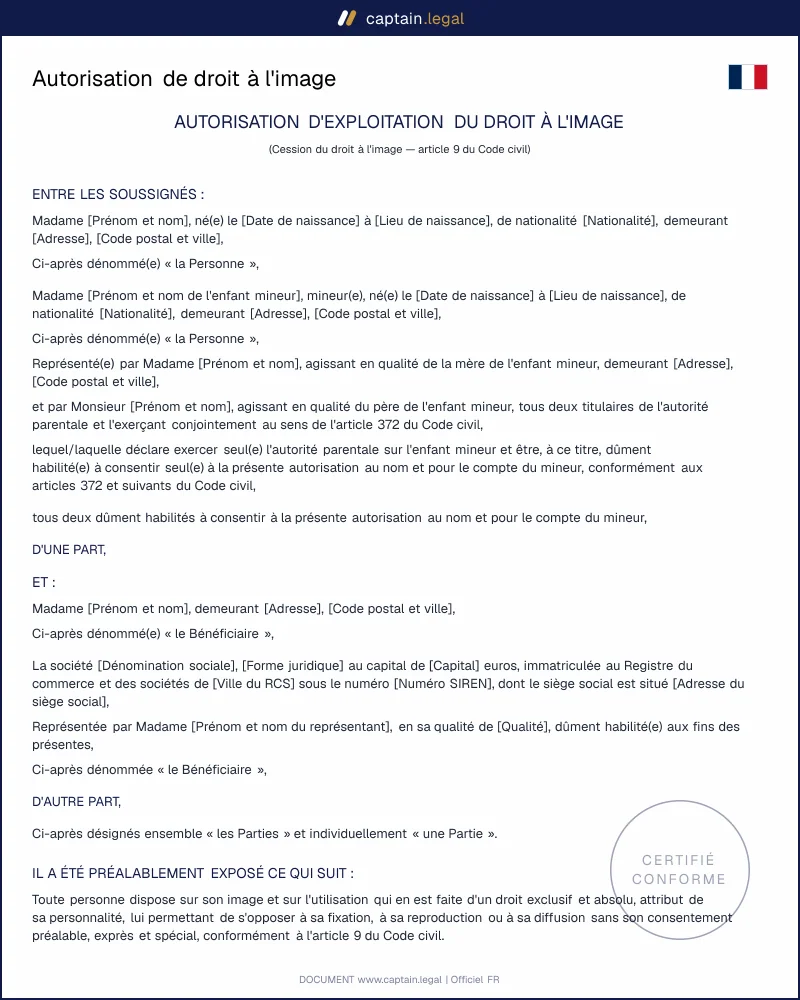 Autorisation de droit à l'image (article 9)