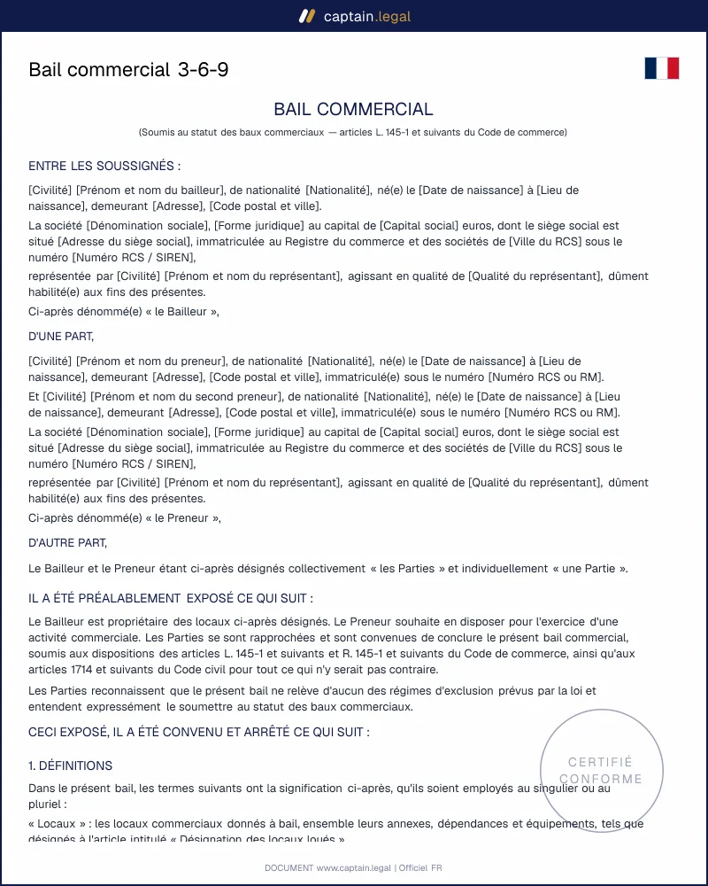 Bail commercial 3-6-9 conforme aux articles L145-1 s.