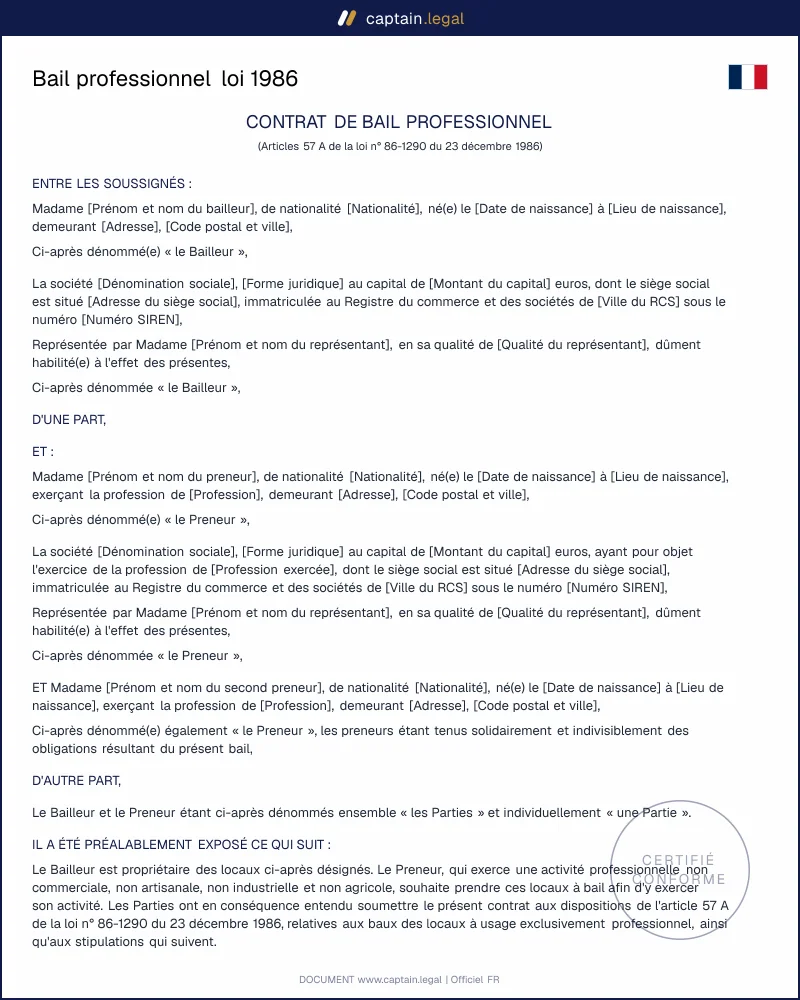 Bail professionnel (art. 57 A loi de 1986) à remplir
