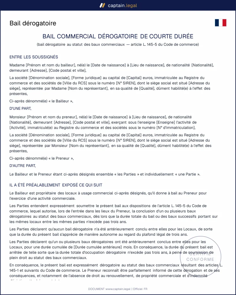 Bail dérogatoire (art. L145-5) : contrat de courte durée